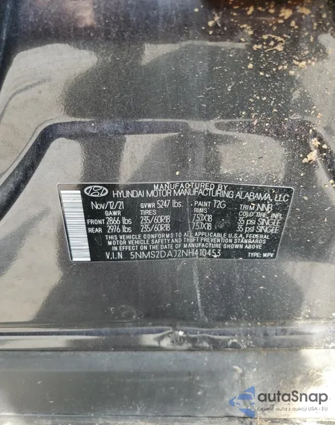 2022 Hyundai Santa Fe Sel z USA, uszkodzony, nr VIN 5NMS2DAJ2NH410453